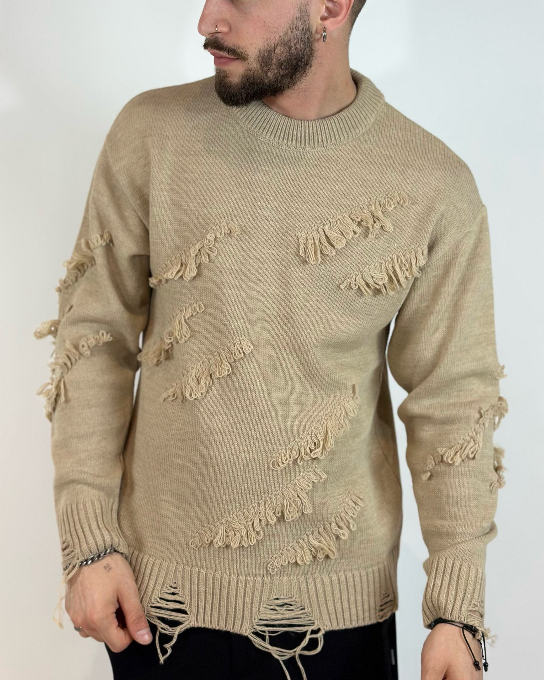 ONLYONE ADON maglione girocollo beige con rotture