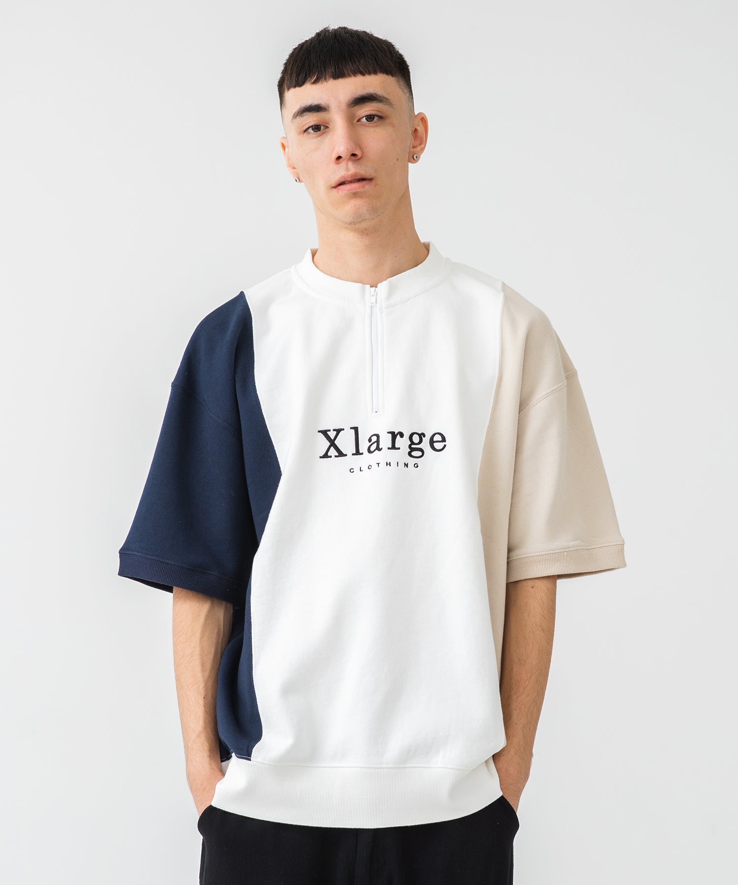 X-Large Colorblock felpa mezza zip bianca cotone