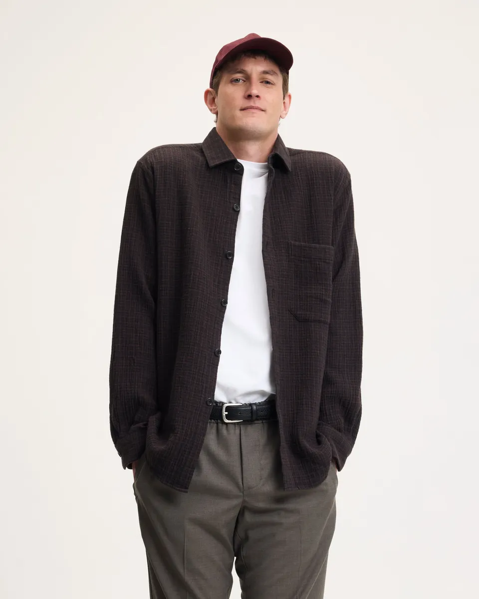 GOODPEOPLE Sniper camicia a quadri marrone lino vestibilità ampia