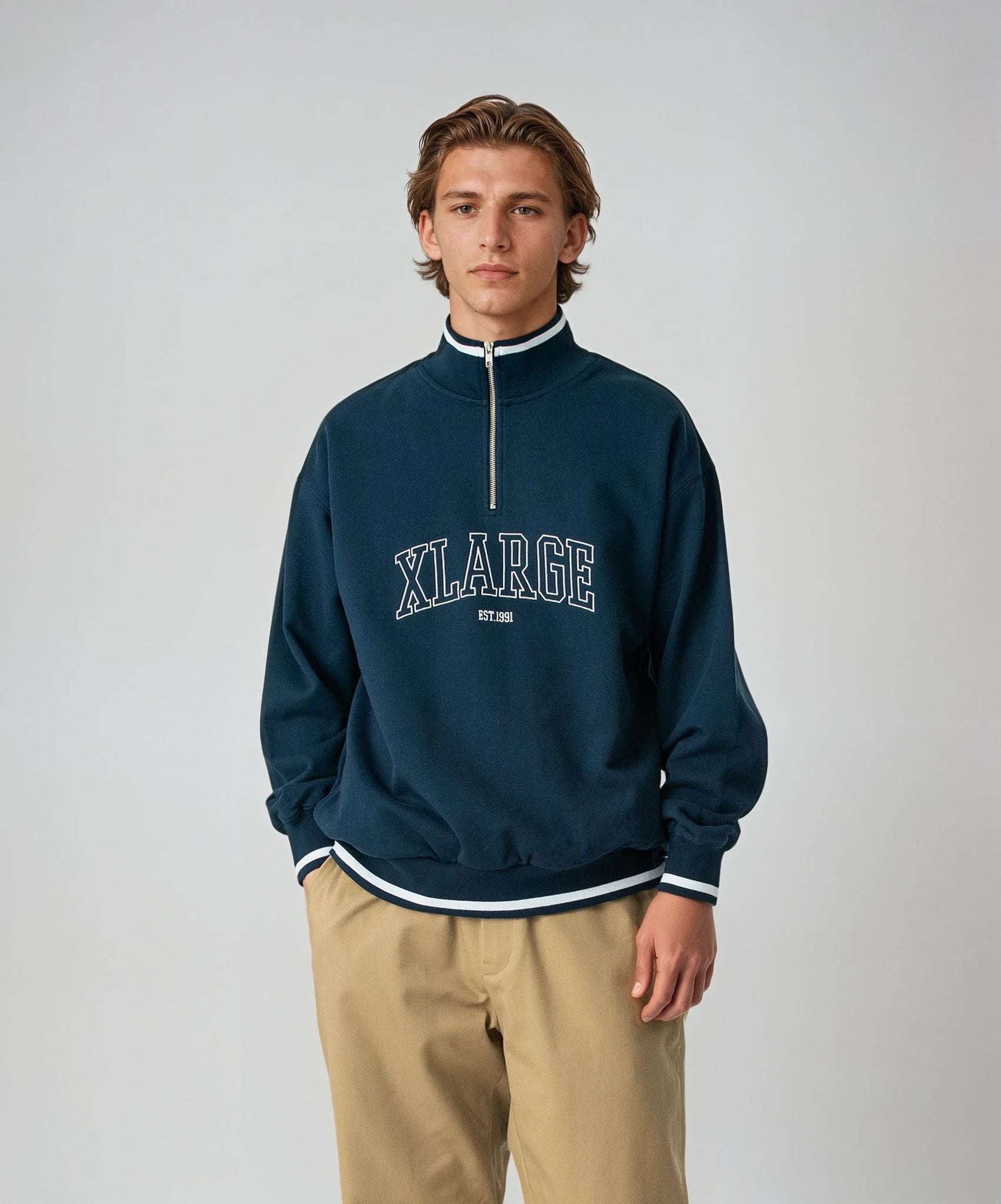 X-Large Striped Rib Half Zip felpa mezza zip cotone