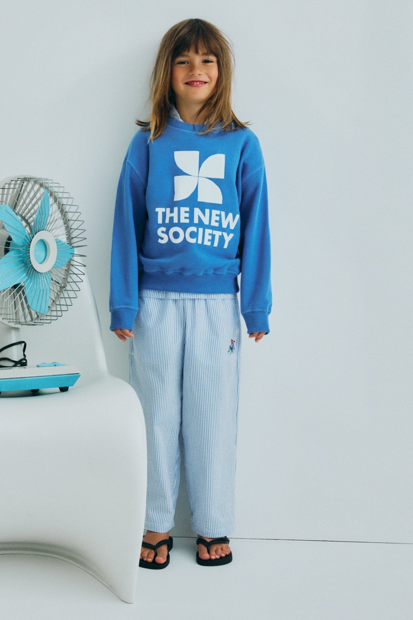 The New Society Almond pantaloni bimbo righe azzurre cotone
