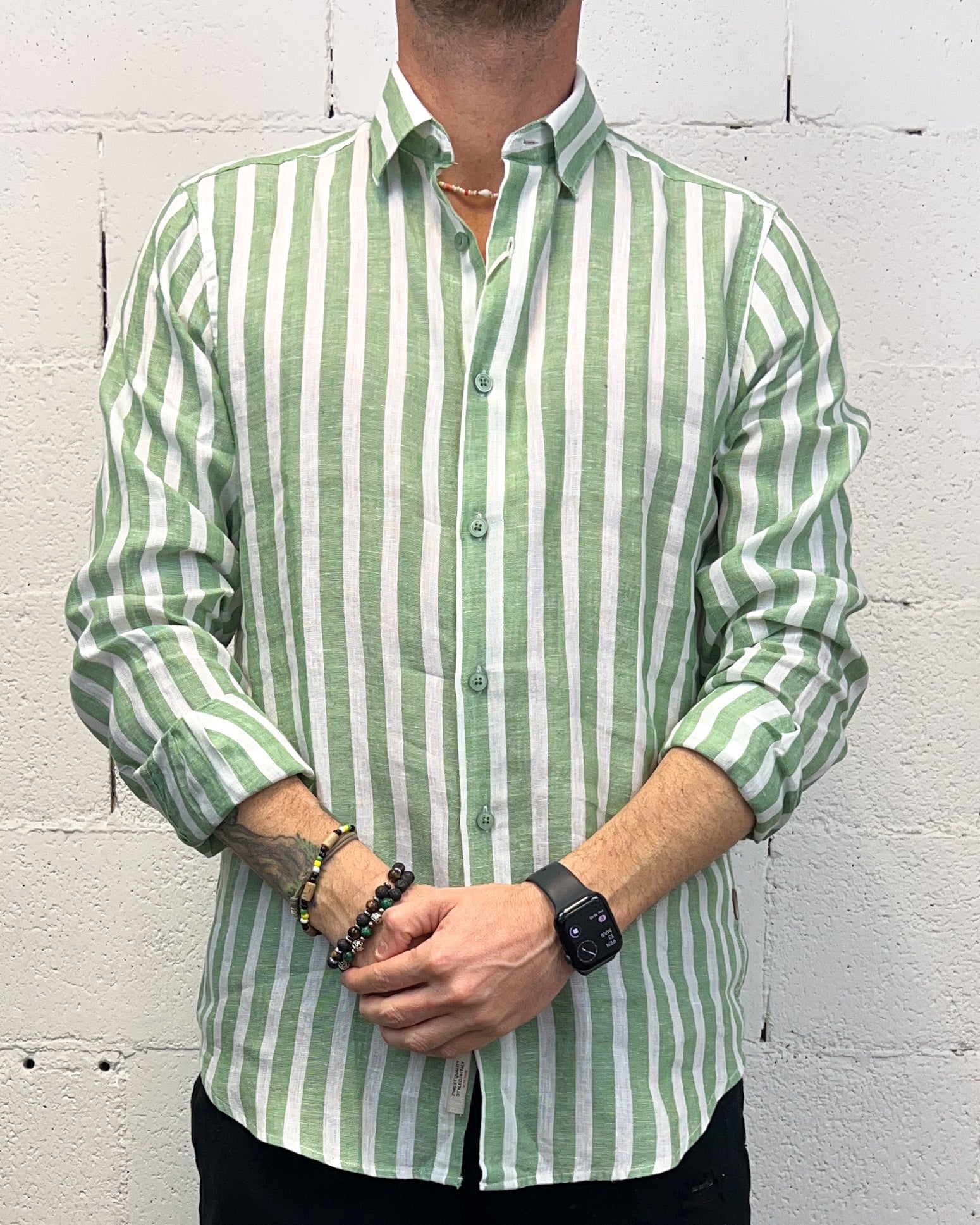 GIANNI LUPO Green Camicia Lino Rigata Vestibilità Regolare
