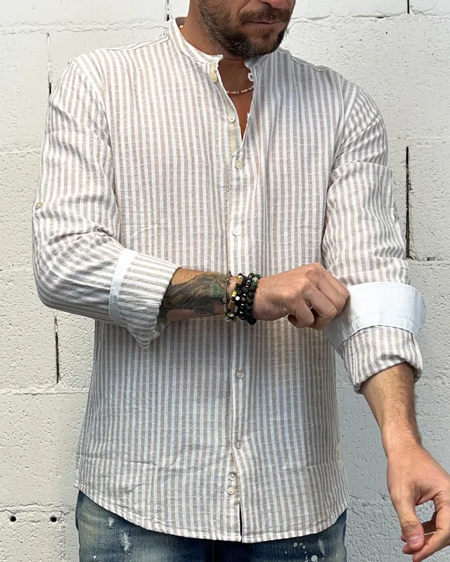 ONLYONE Over-D Coreana camicia cotone lino riga beige