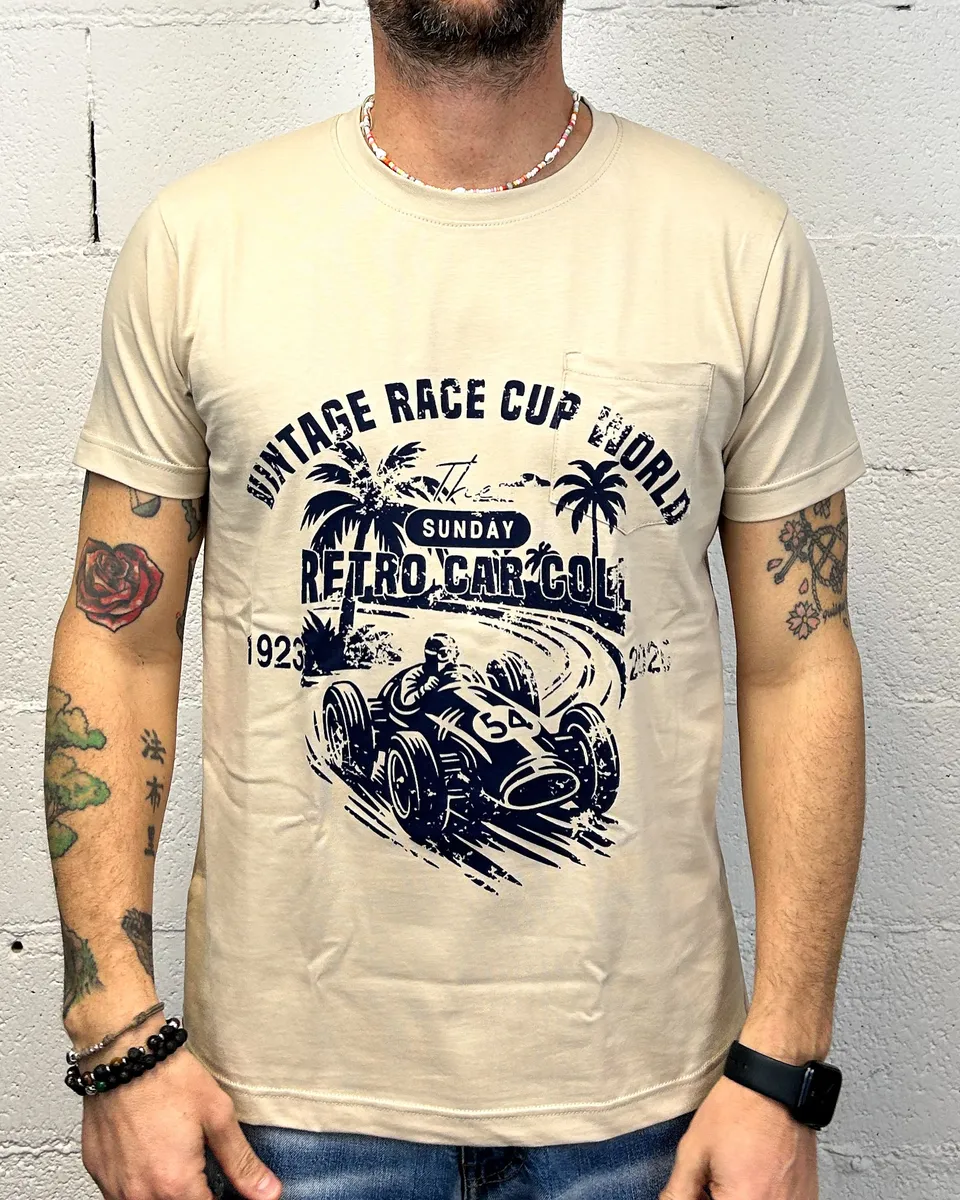 DROPIN Vintage Race t-shirt avorio vestibilita regolare