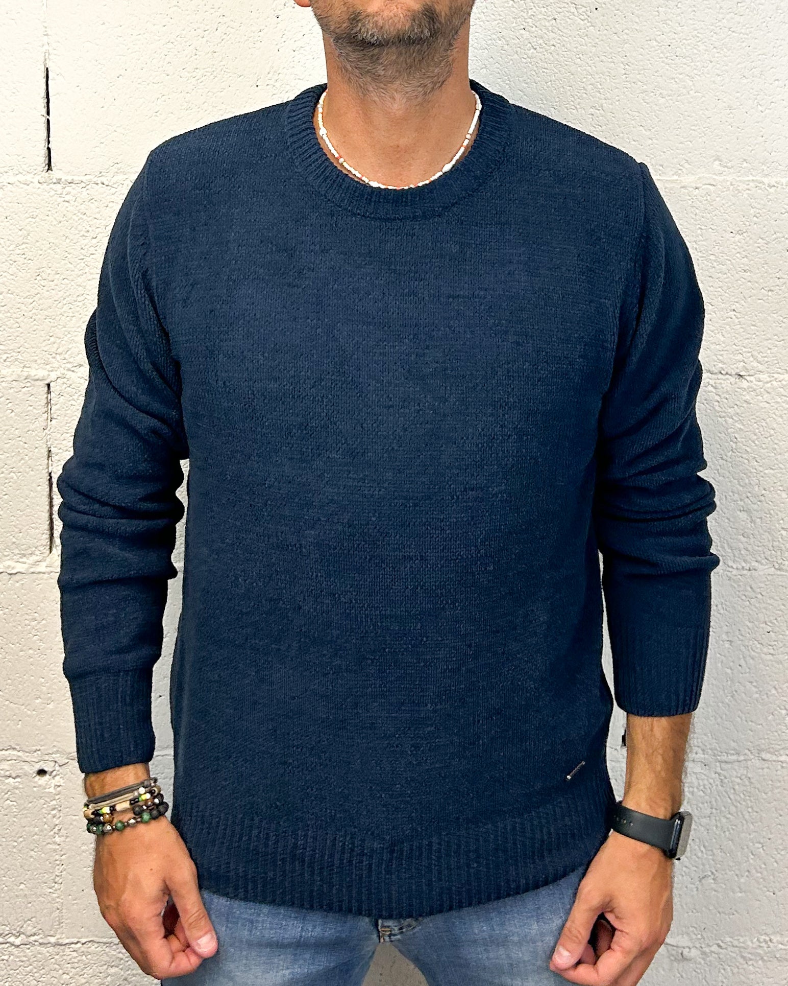 ONLYONE Gianni Lupo Navy maglione paricollo ciniglia