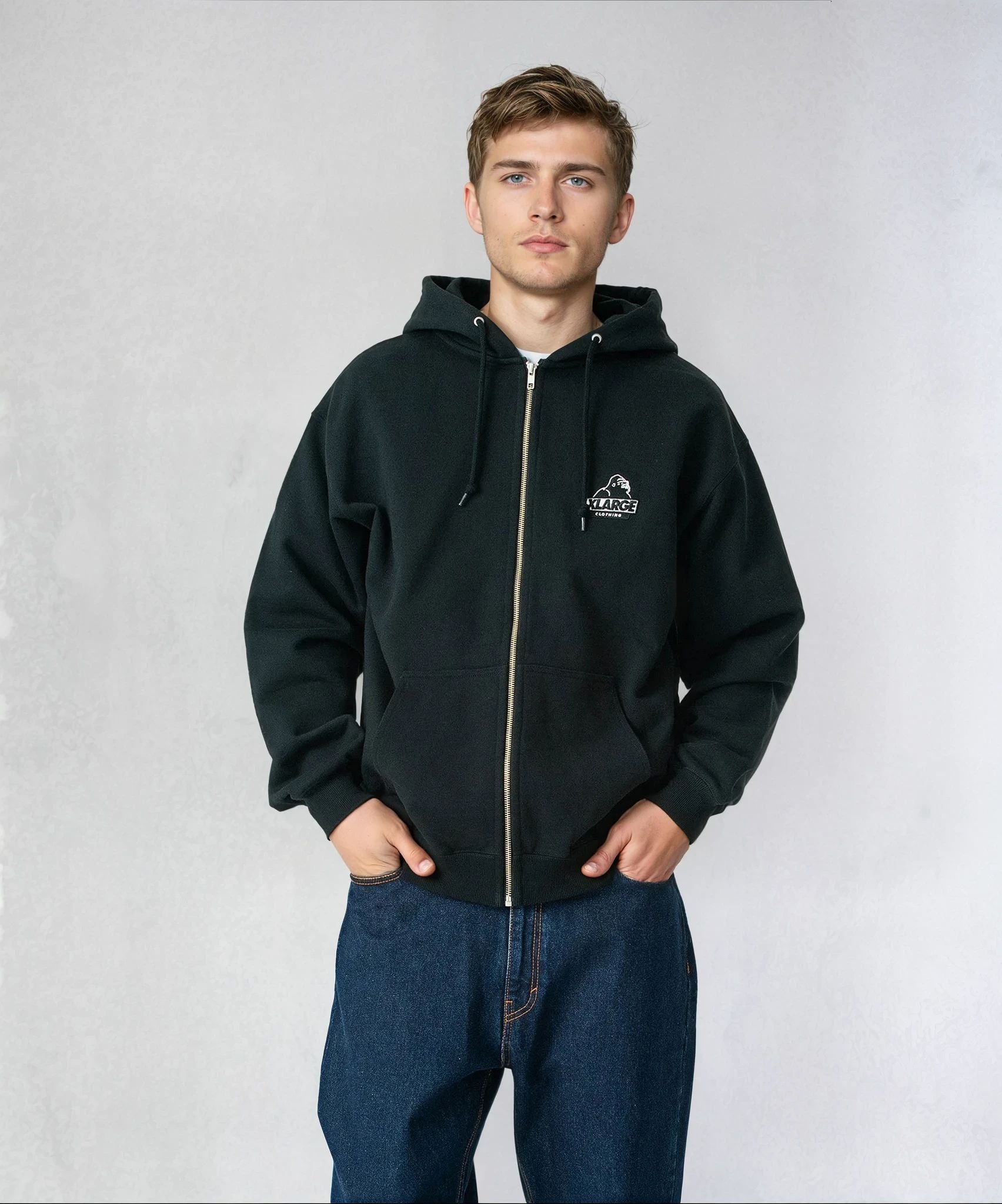 X-Large Slanted Og felpa zip cappuccio cotone