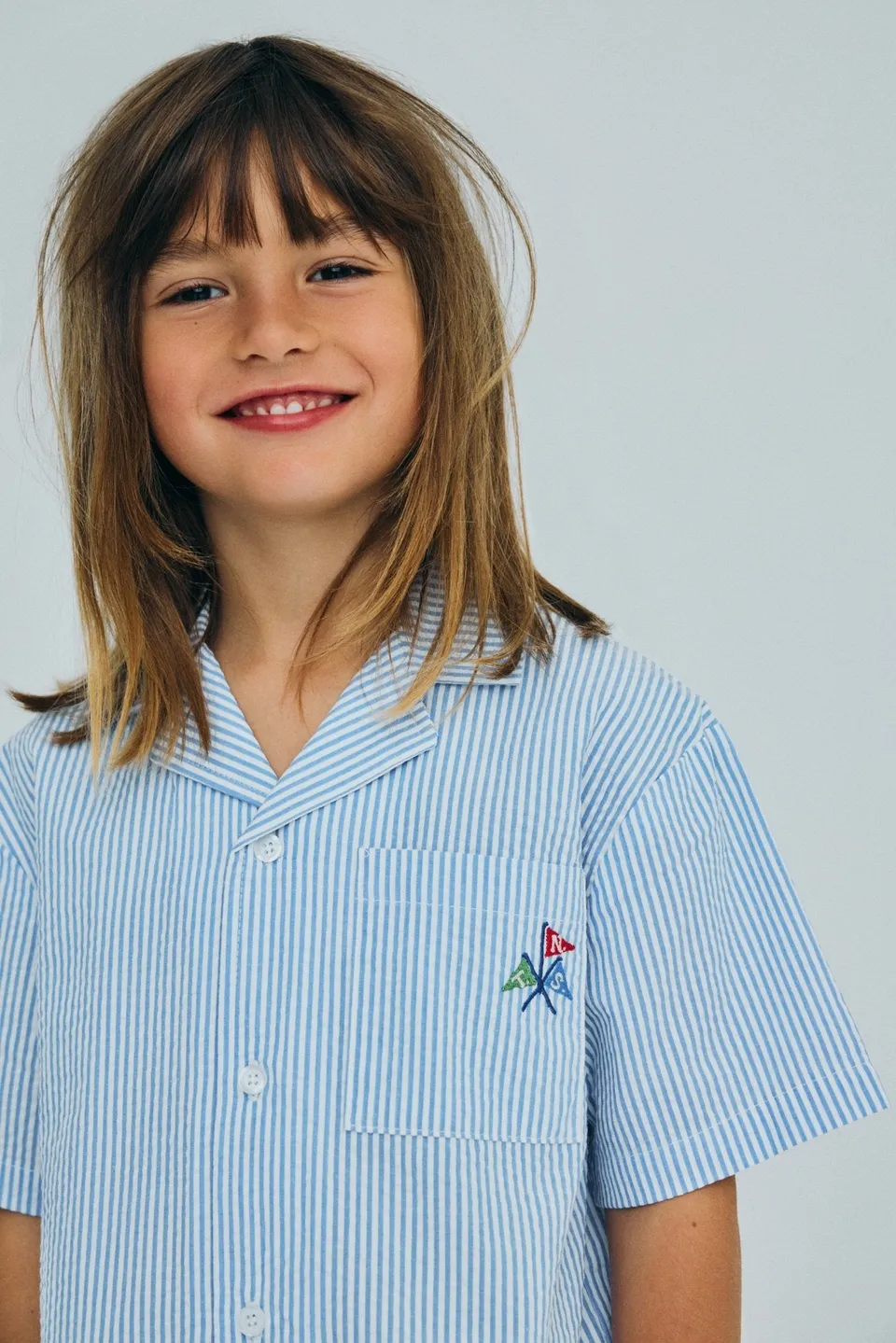 The New Society Almond Shirt Vista Blue Seersucker camicia bimbo