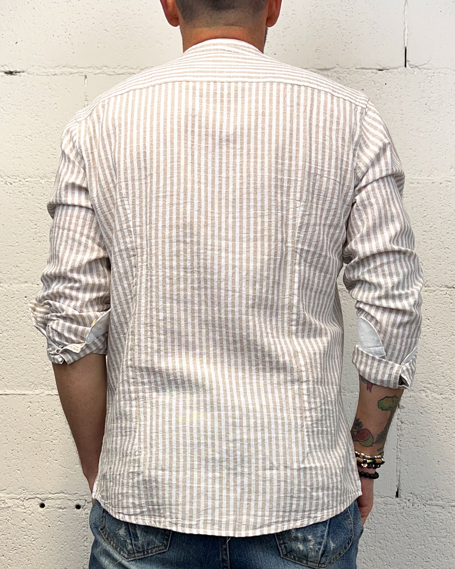 ONLYONE Over-D Coreana camicia cotone lino riga beige