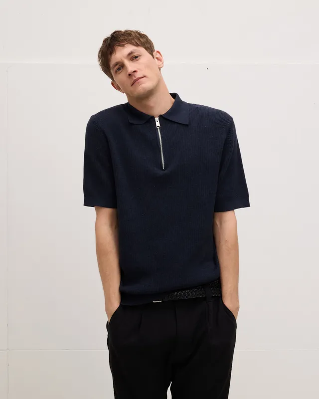 Goodpeople Pica polo con zip blu cotone bio