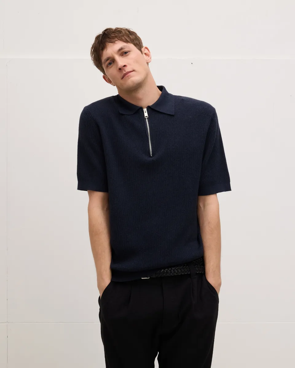 Goodpeople Pica polo con zip blu cotone bio