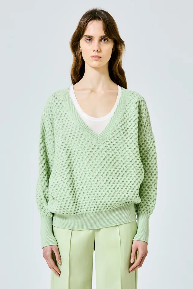 Sa Su Phi maglione scollo V nido d'ape verde cashmere