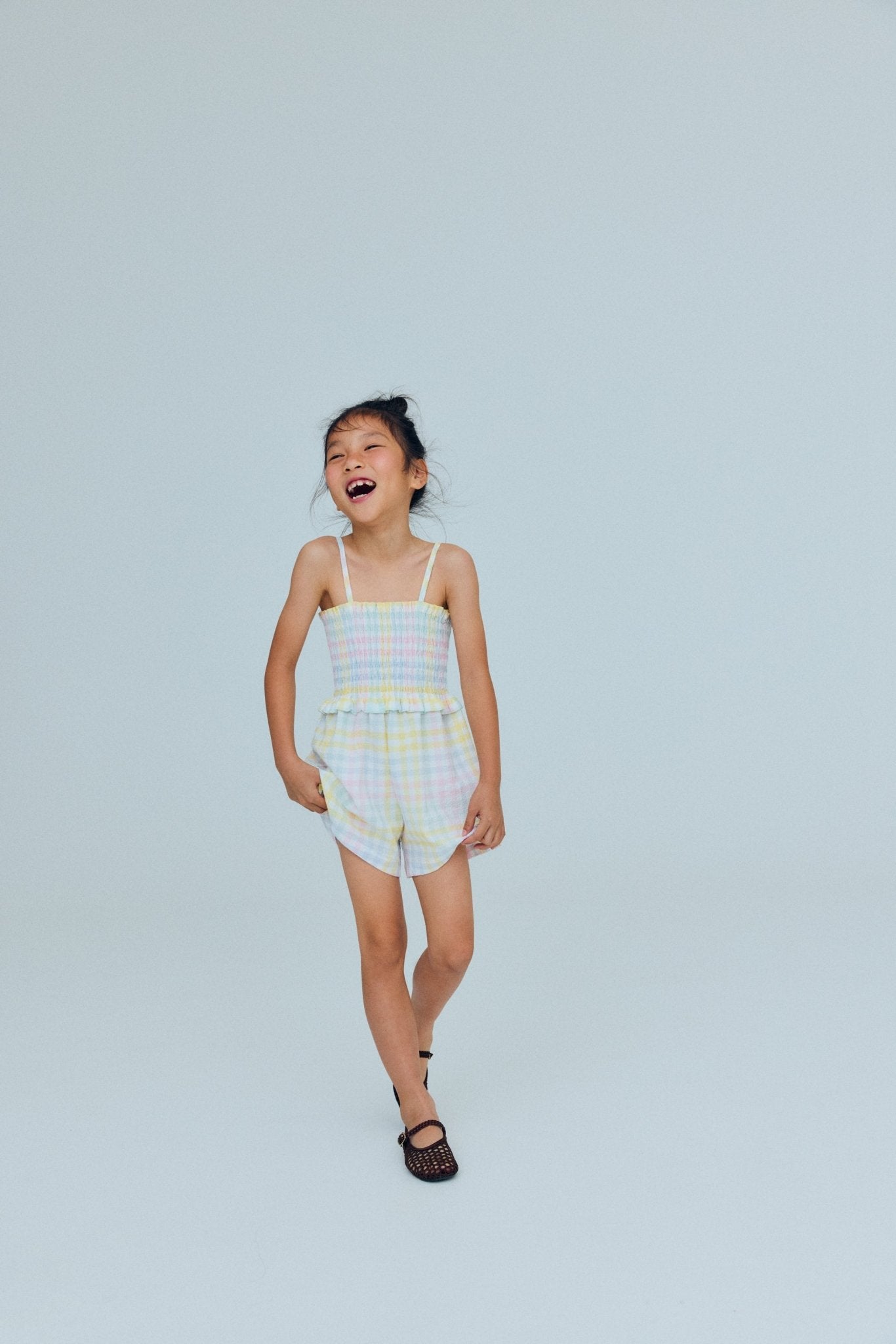 The New Society Mallow Jumpsuit tuta bambina a quadretti seersucker