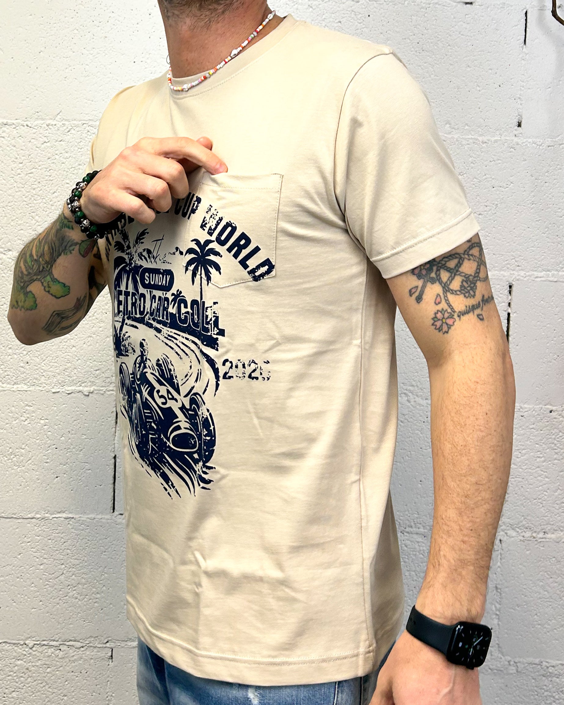 DROPIN Vintage Race t-shirt avorio vestibilita regolare