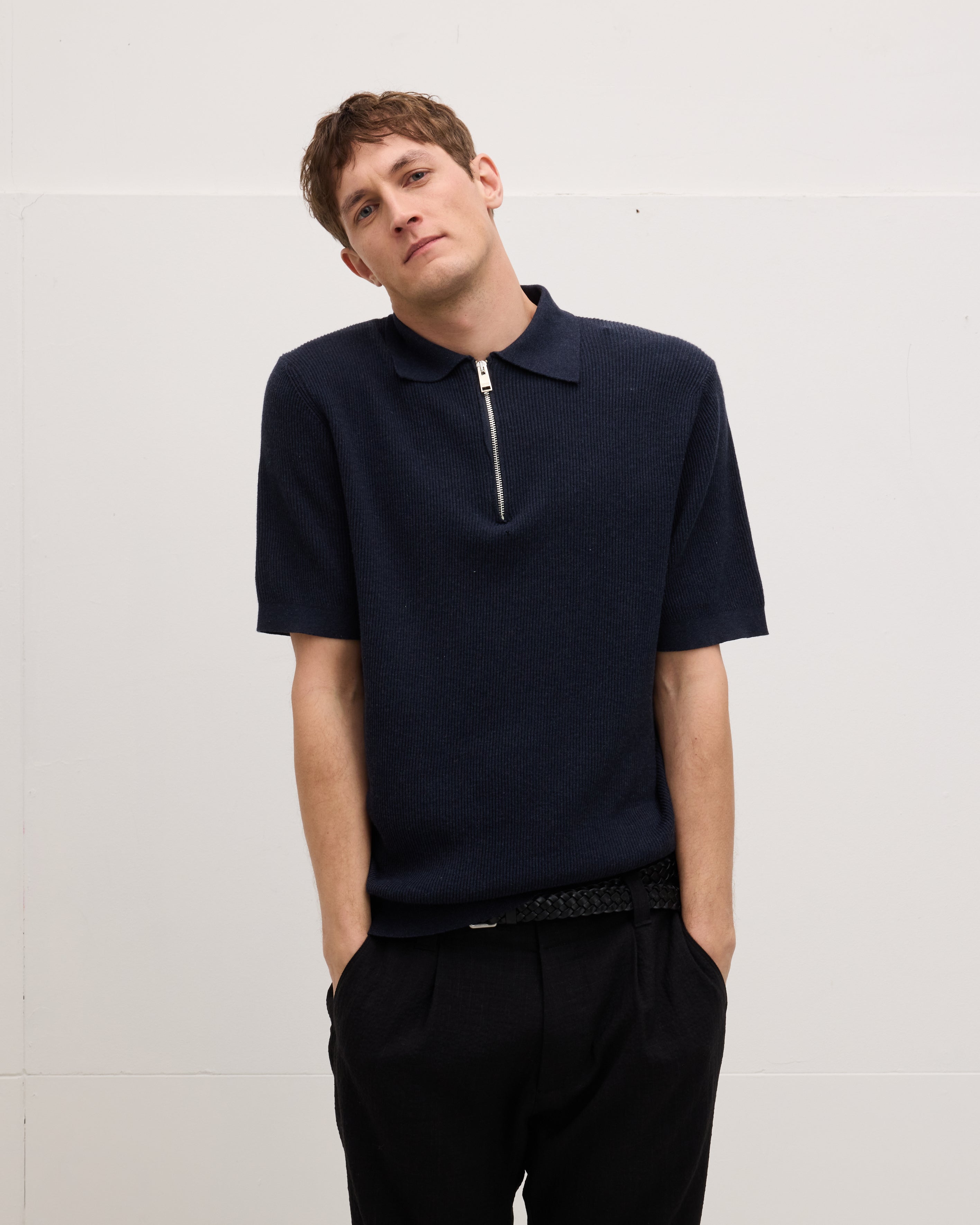Goodpeople Pica polo con zip blu cotone bio