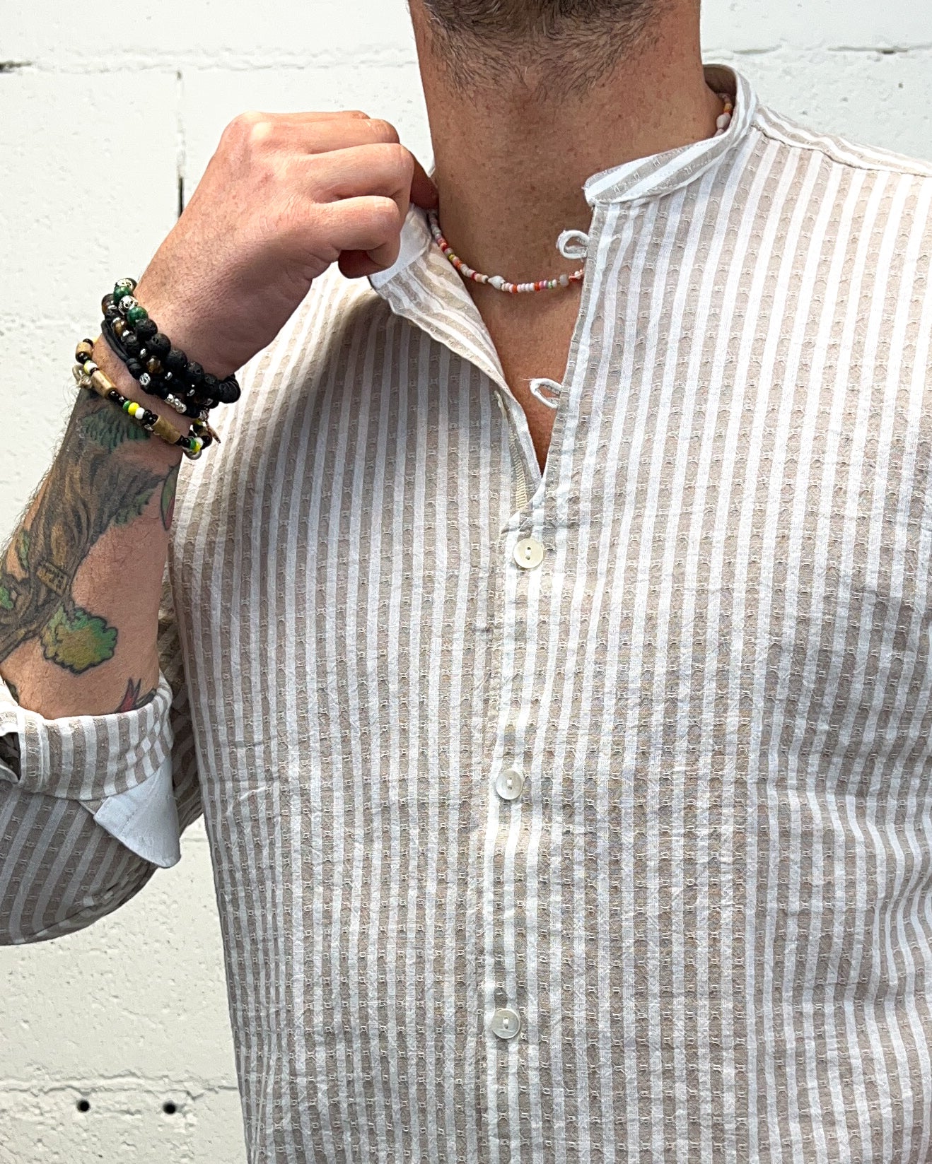 ONLYONE Over-D Coreana camicia cotone lino riga beige