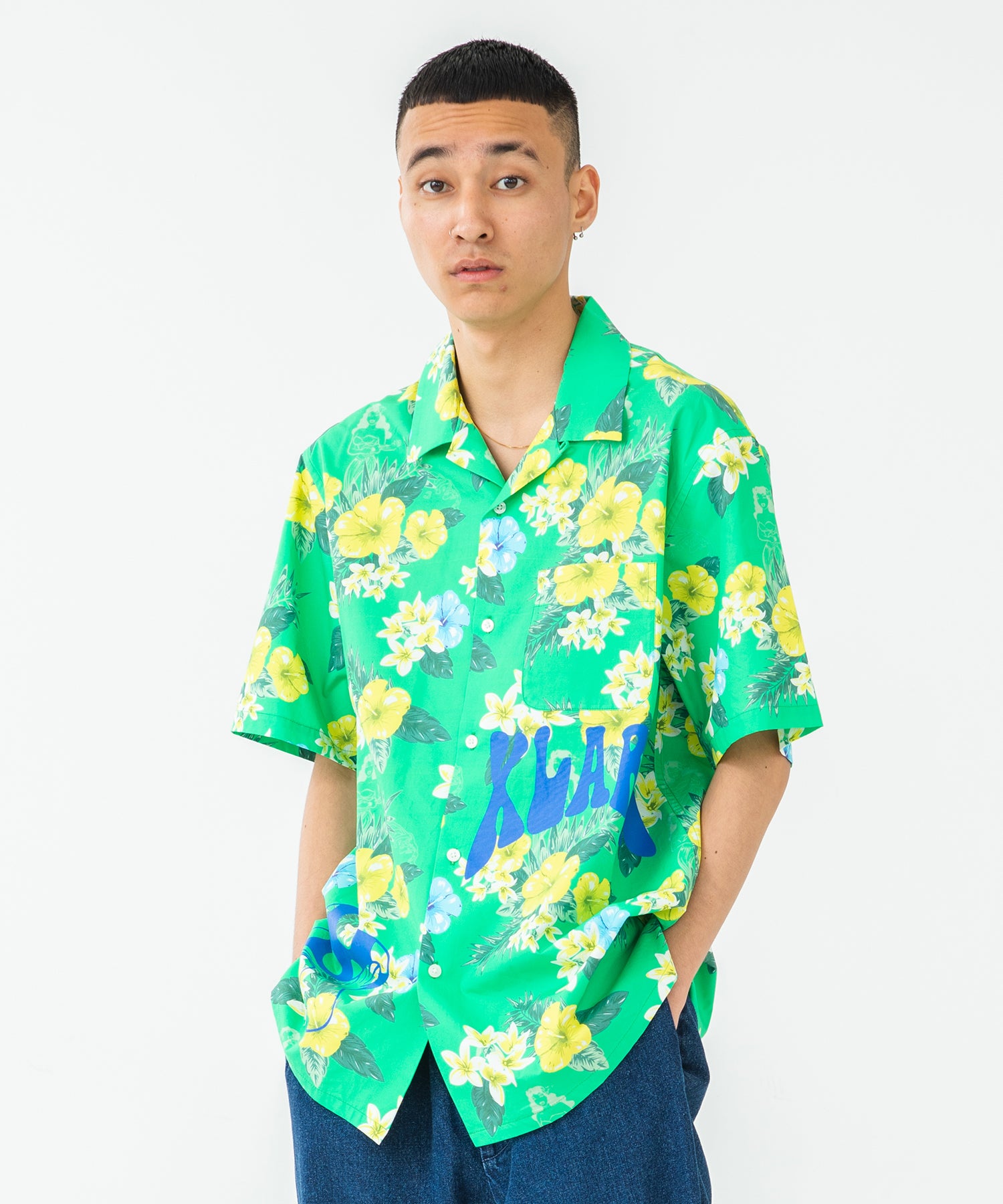 X-Large Floral camicia fantasia verde cotone