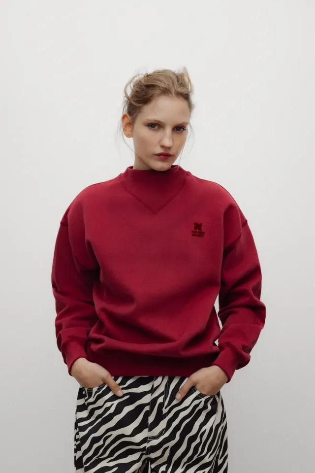 The New Society Logo Rib Collar felpa donna rossa cotone