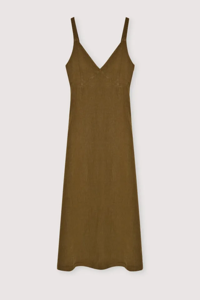 The New Society Bulbine vestito donna Earthy Olive lino