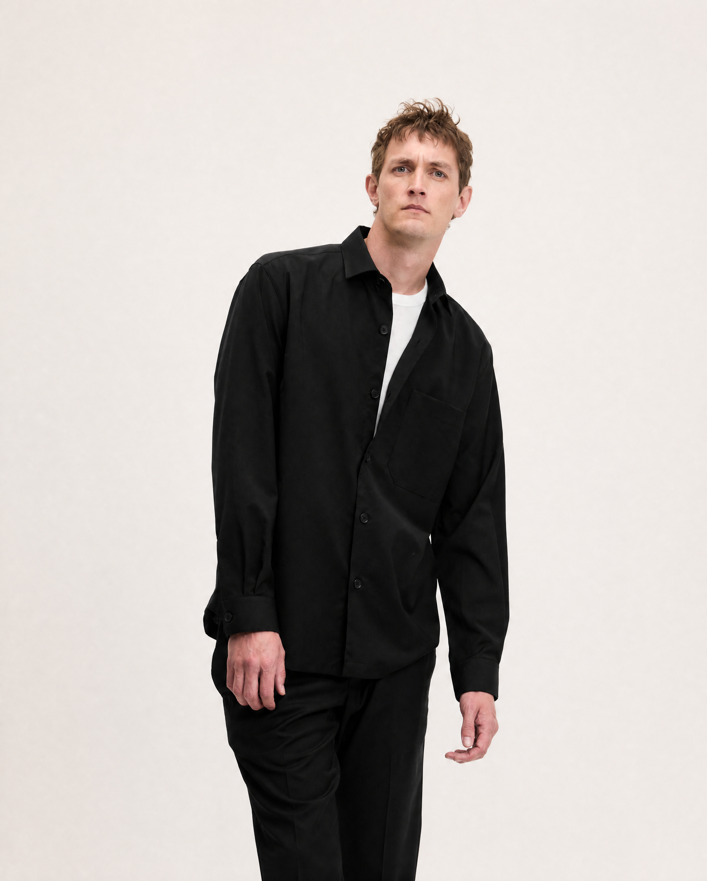 GOODPEOPLE Simon Cool Wool Button-Up Shirt camicia nera