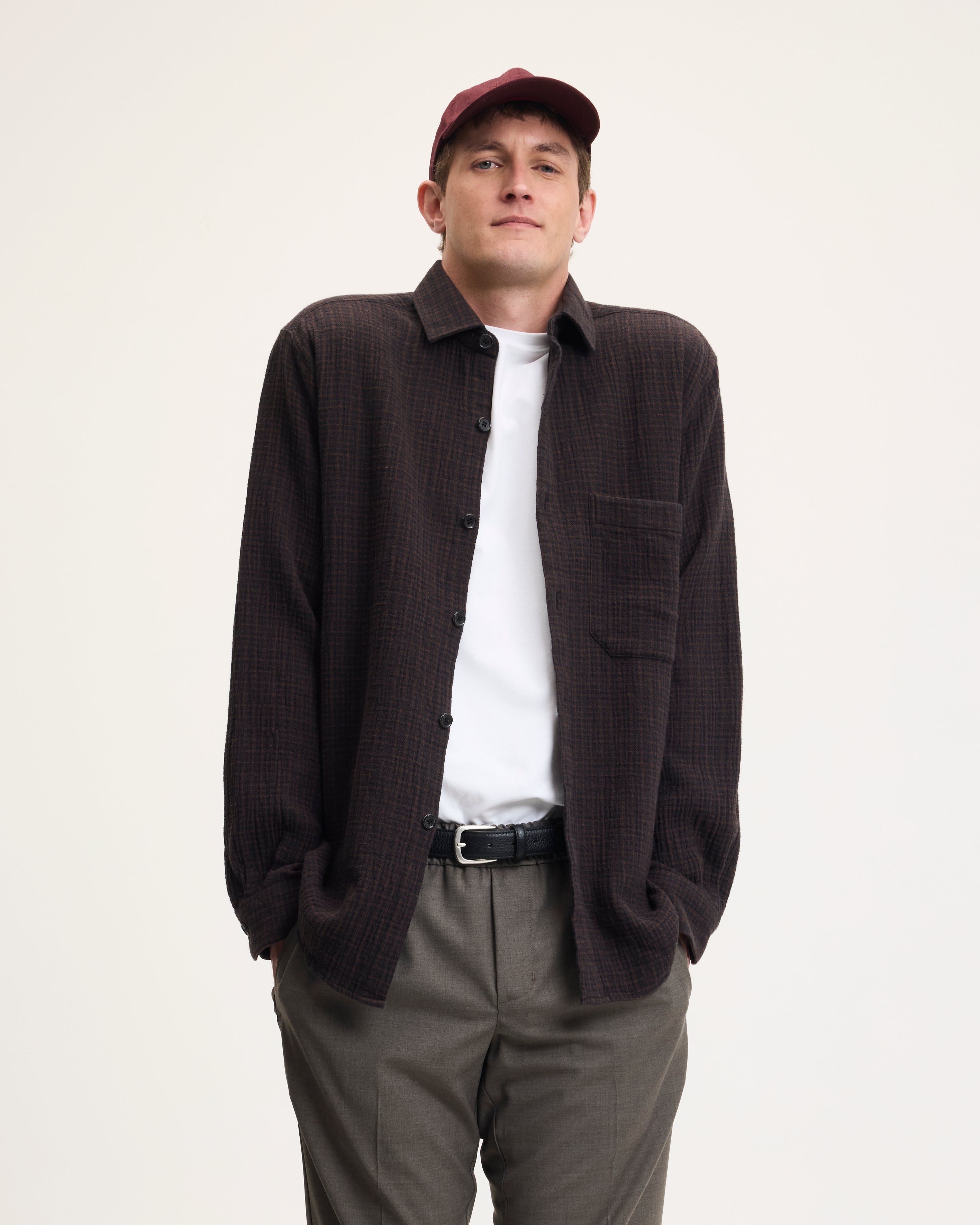 GOODPEOPLE Sniper camicia a quadri marrone lino vestibilità ampia