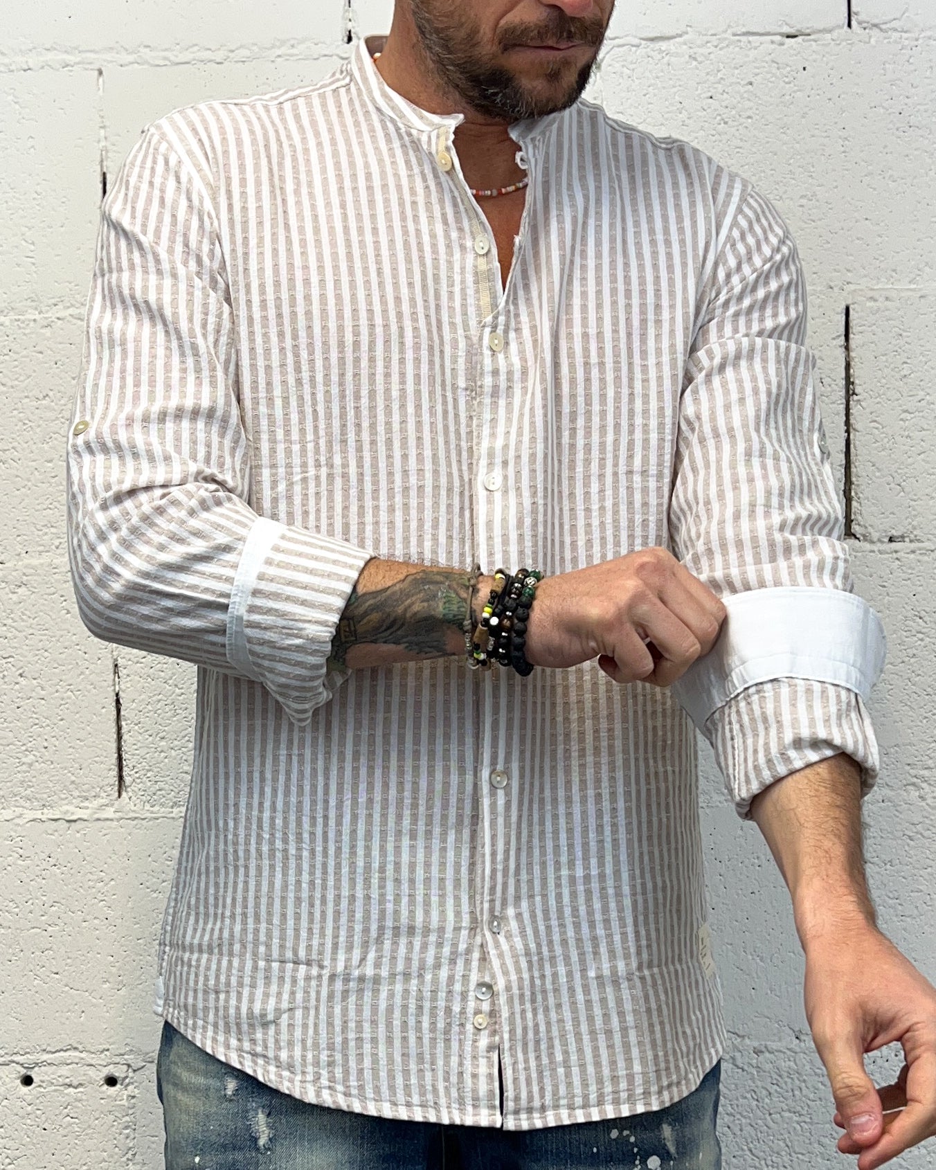 ONLYONE Over-D Coreana camicia cotone lino riga beige