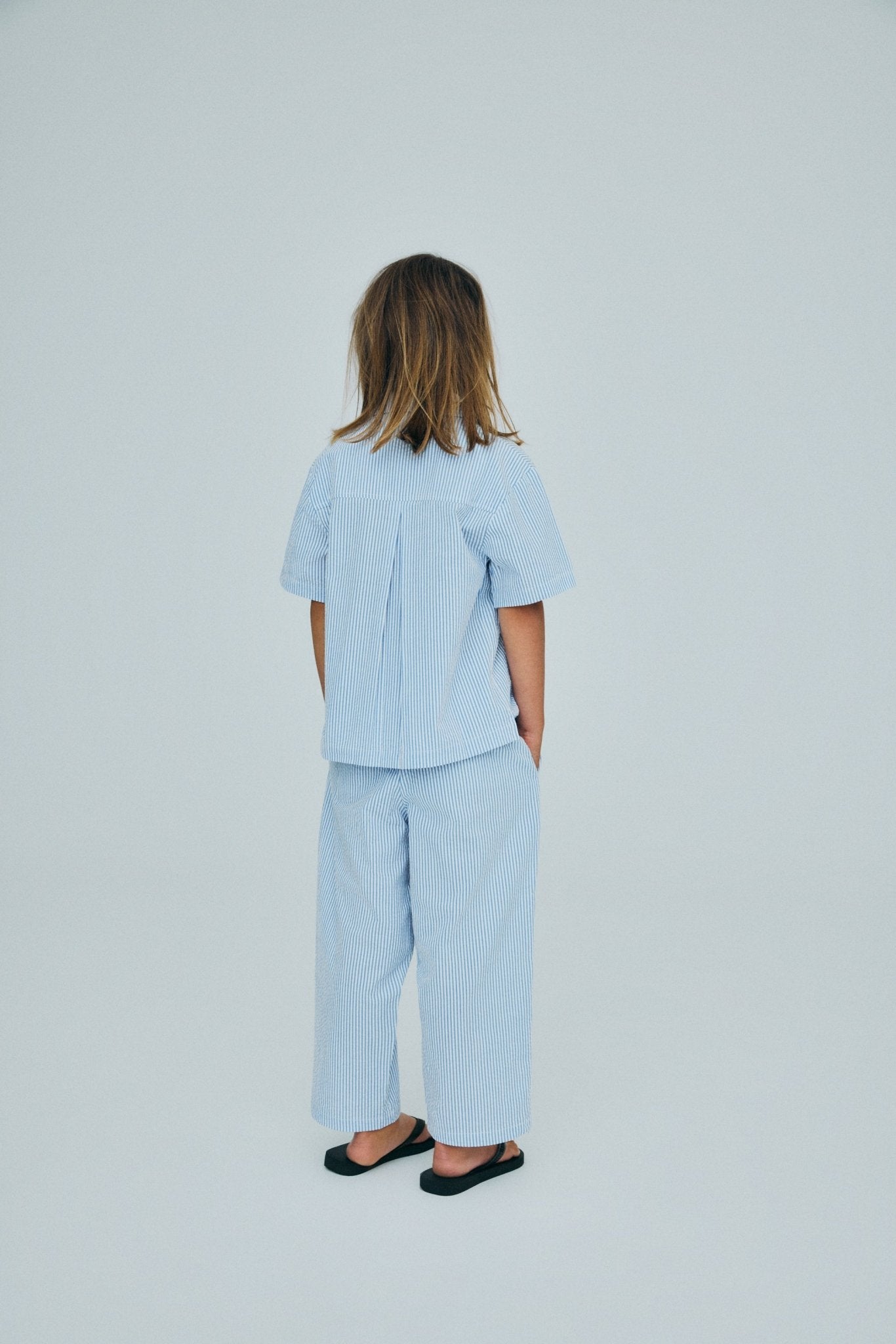 The New Society Almond Shirt Vista Blue Seersucker camicia bimbo