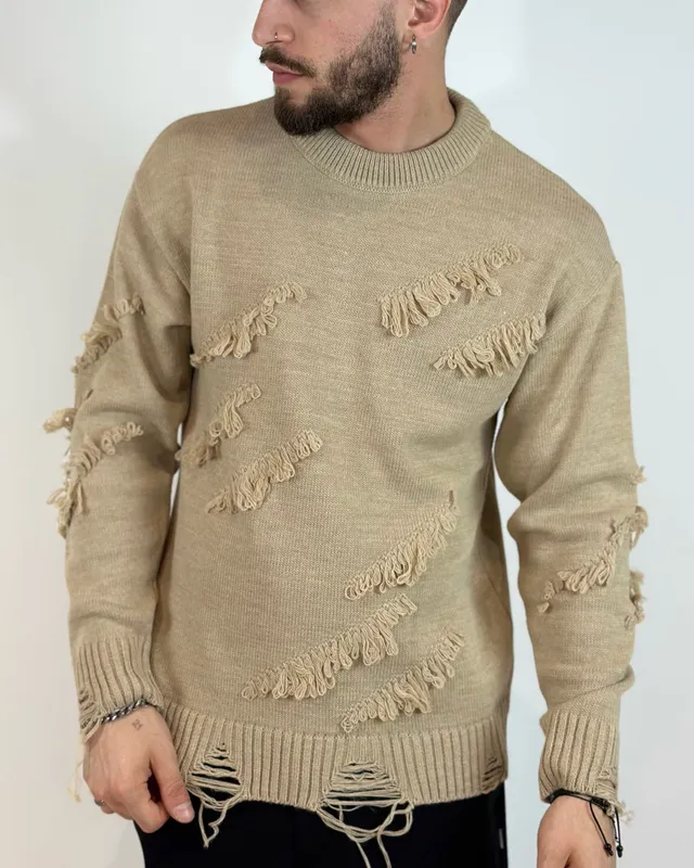 ONLYONE ADON maglione girocollo beige con rotture