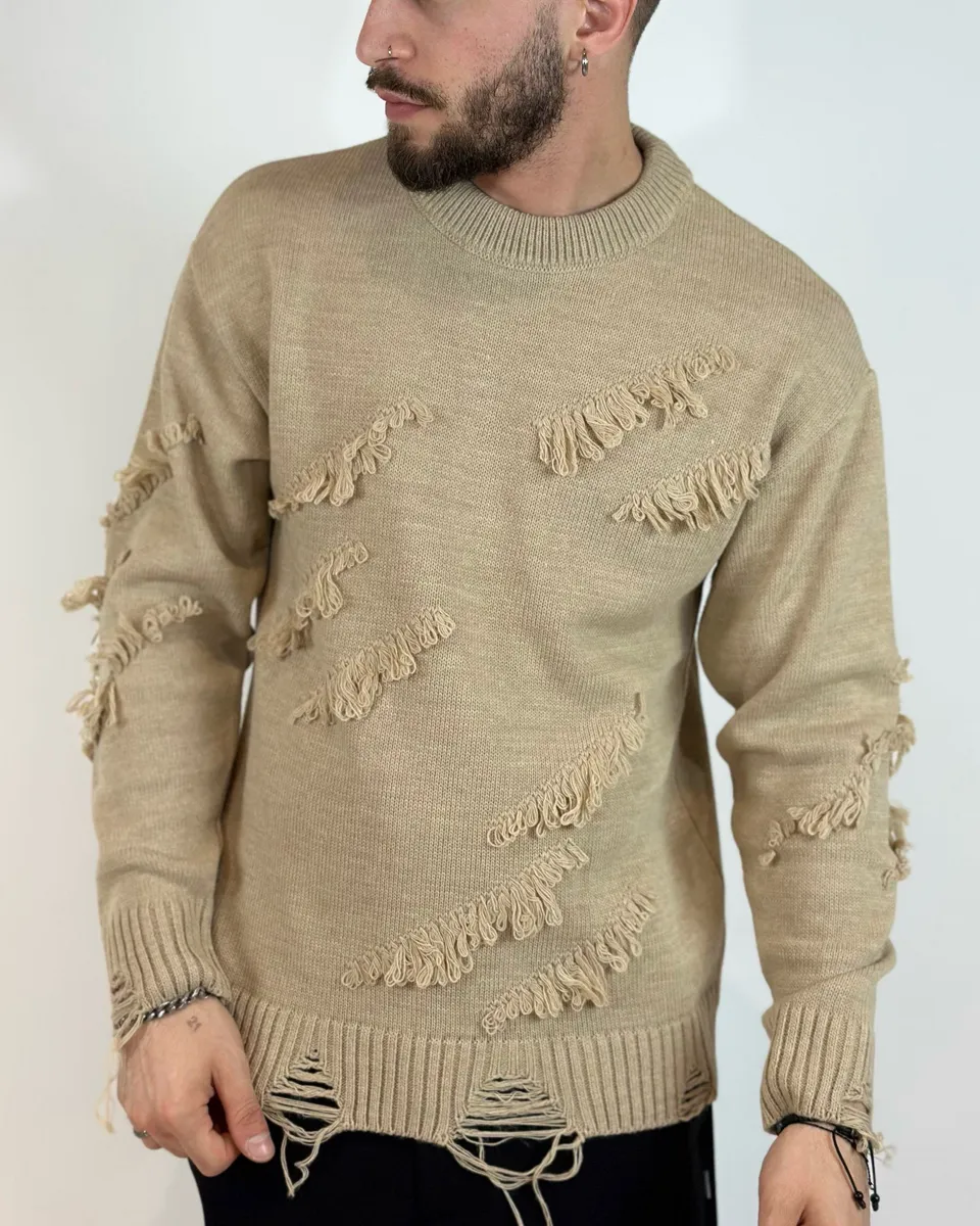 ONLYONE ADON maglione girocollo beige con rotture