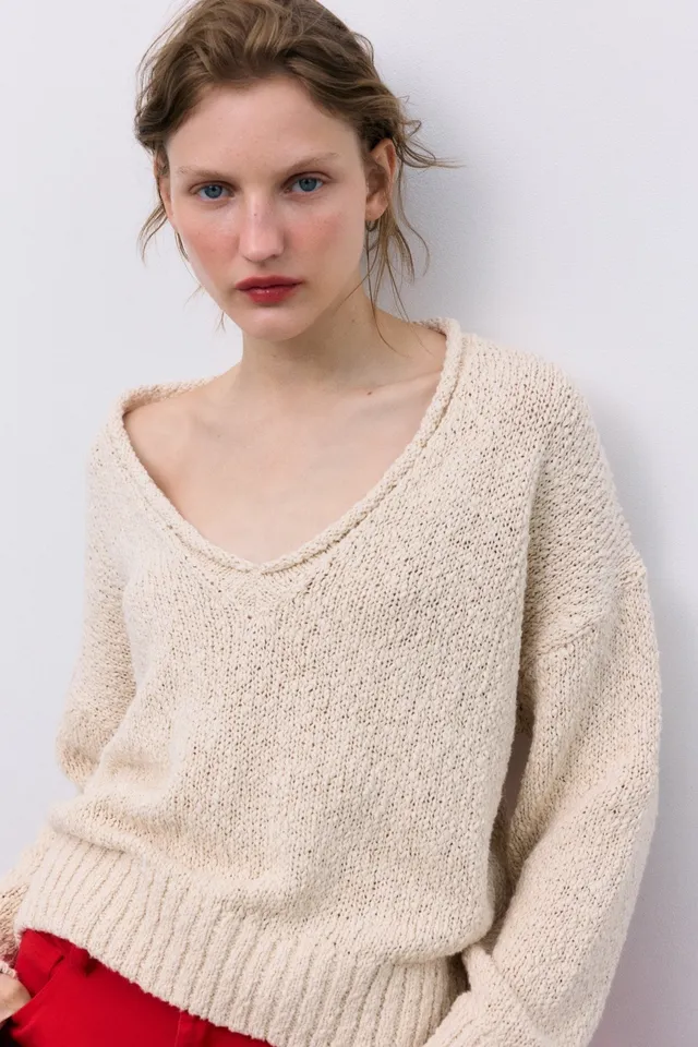 The New Society Alpina Maglione Donna Ecru Scollo V