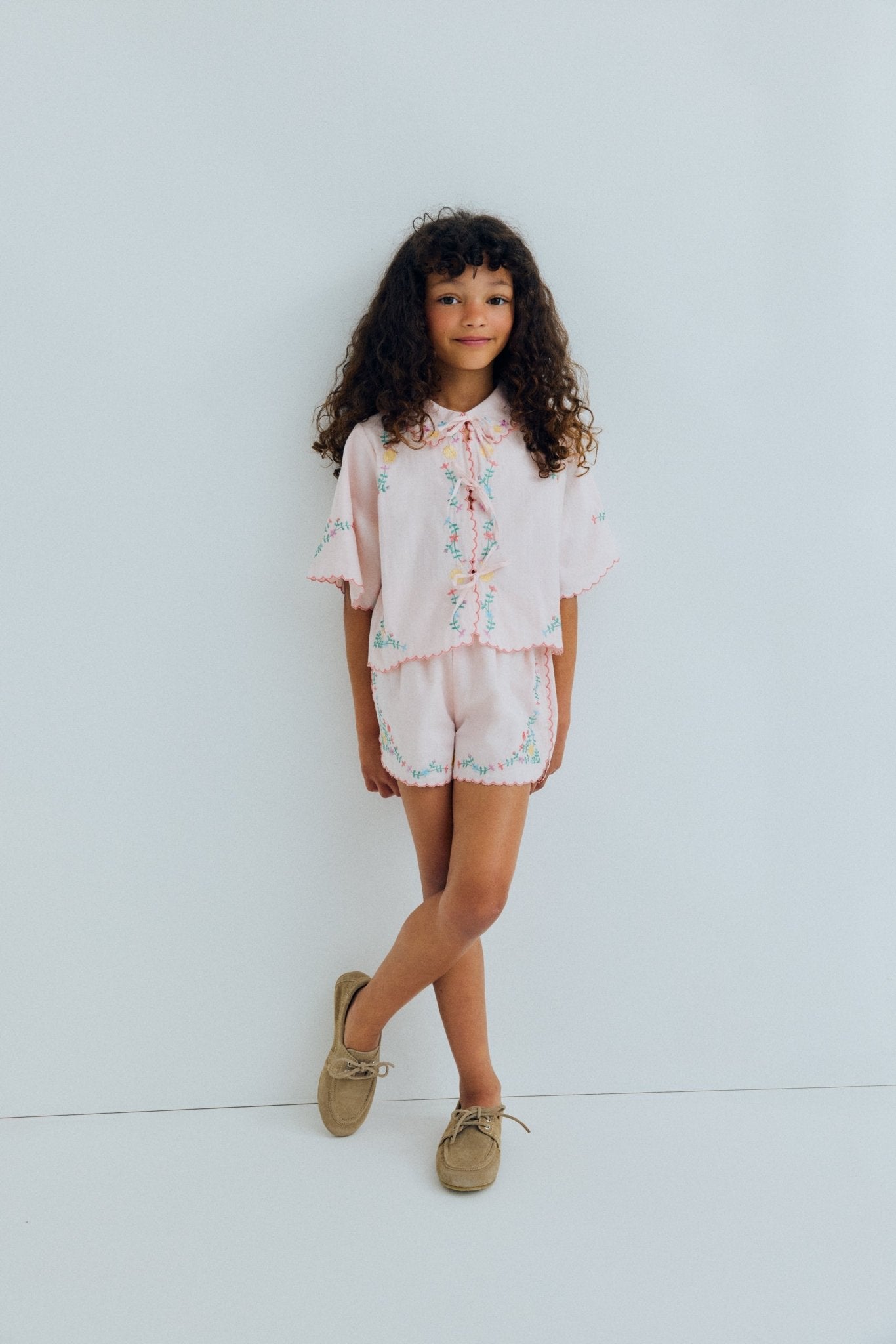 The New Society Orchid Petal shorts rosa bambina cotone ricamo
