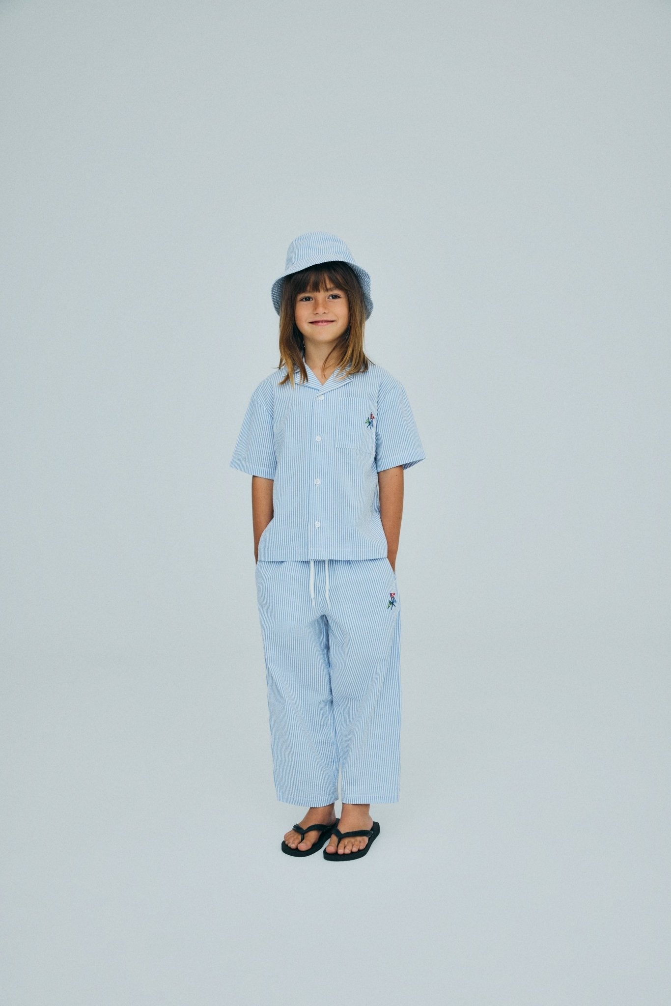 The New Society Almond pantaloni bimbo righe azzurre cotone
