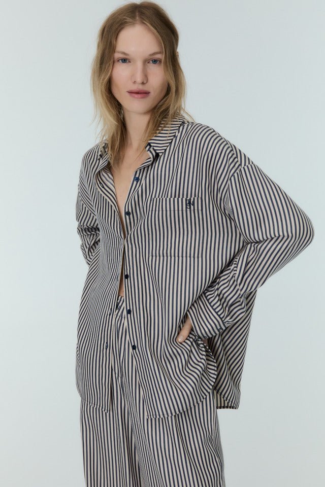 The New Society West camicia donna blu navy righe Tencel