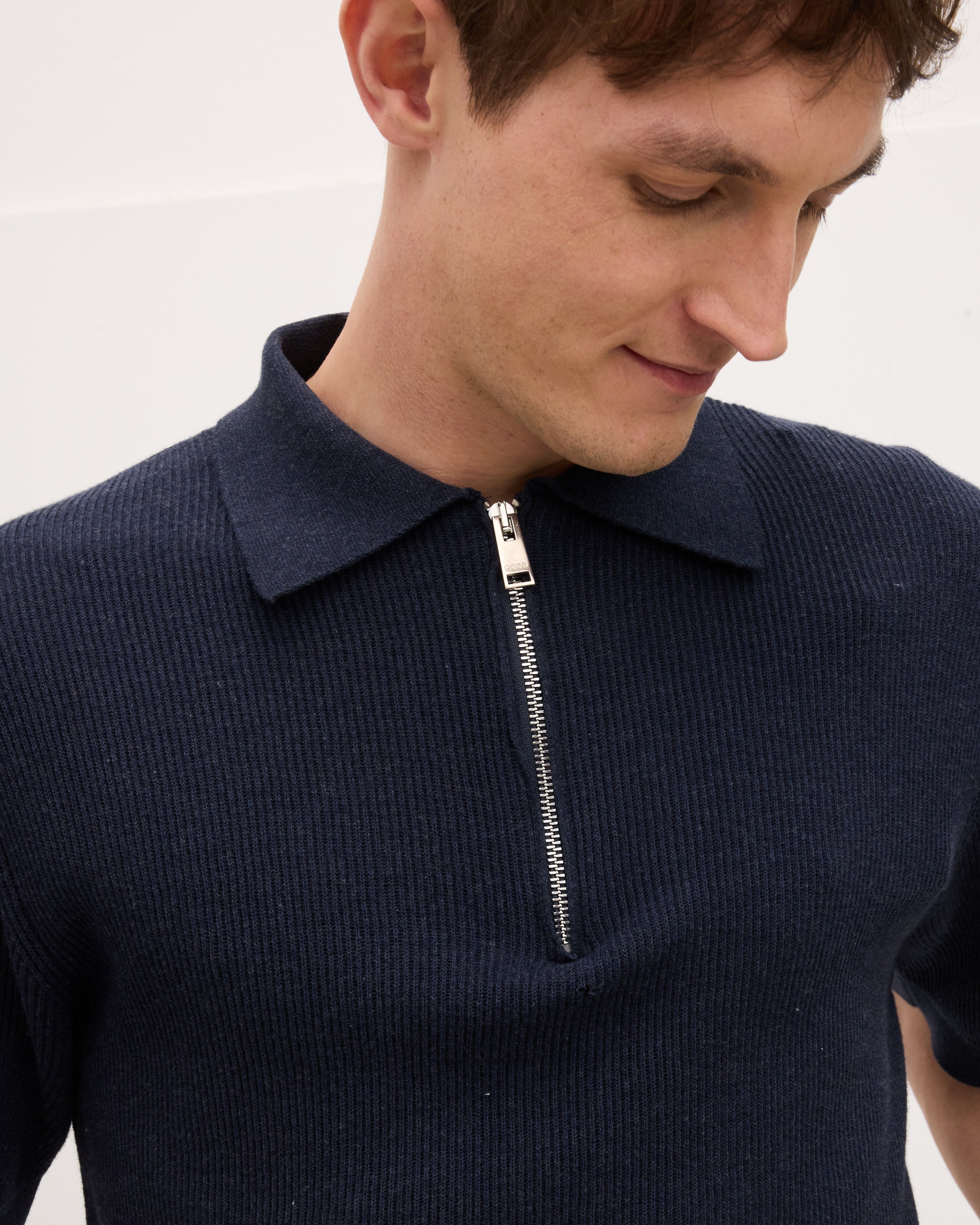 Goodpeople Pica polo con zip blu cotone bio