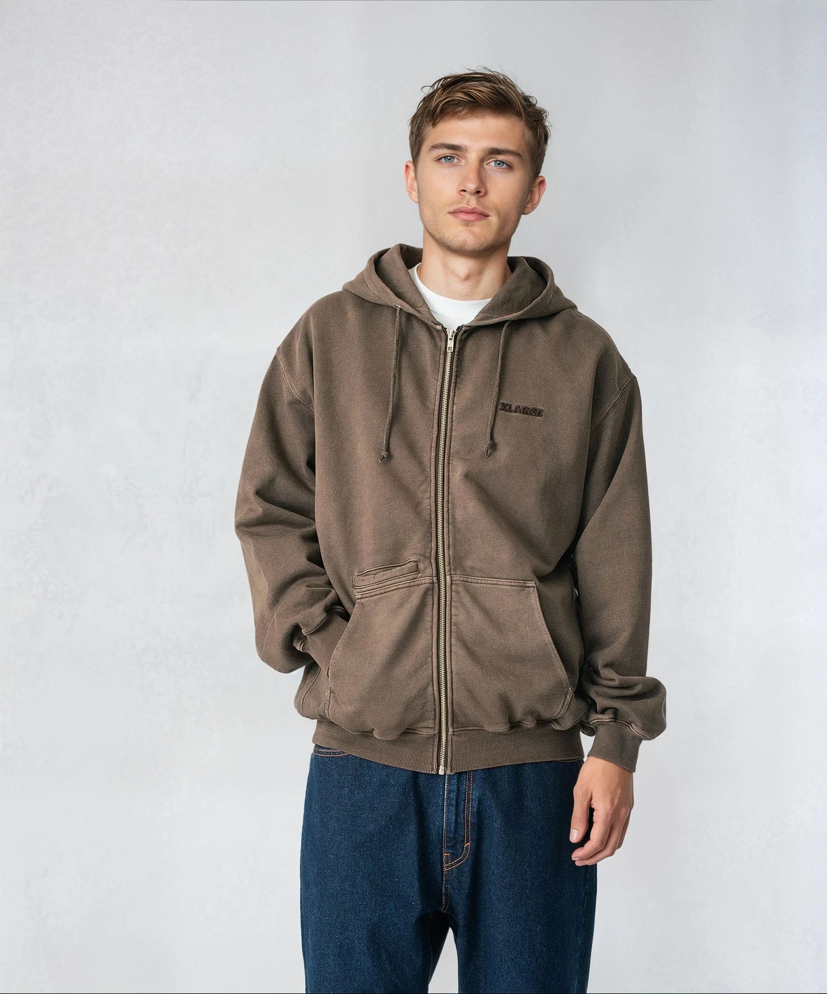 X-Large Pigment Dyed Work felpa zip cappuccio cotone