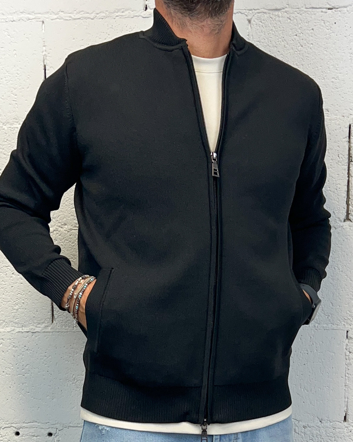 ONLYONE OVER-D Bomber maglia nera tasche filetto