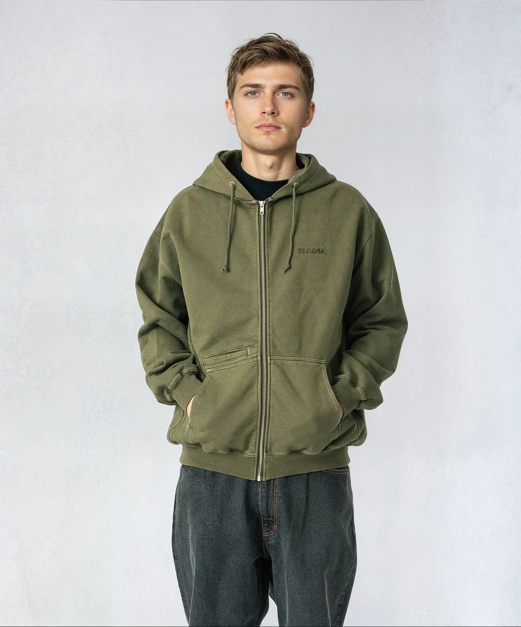 X-Large Pigment Dyed Work felpa zip cappuccio cotone