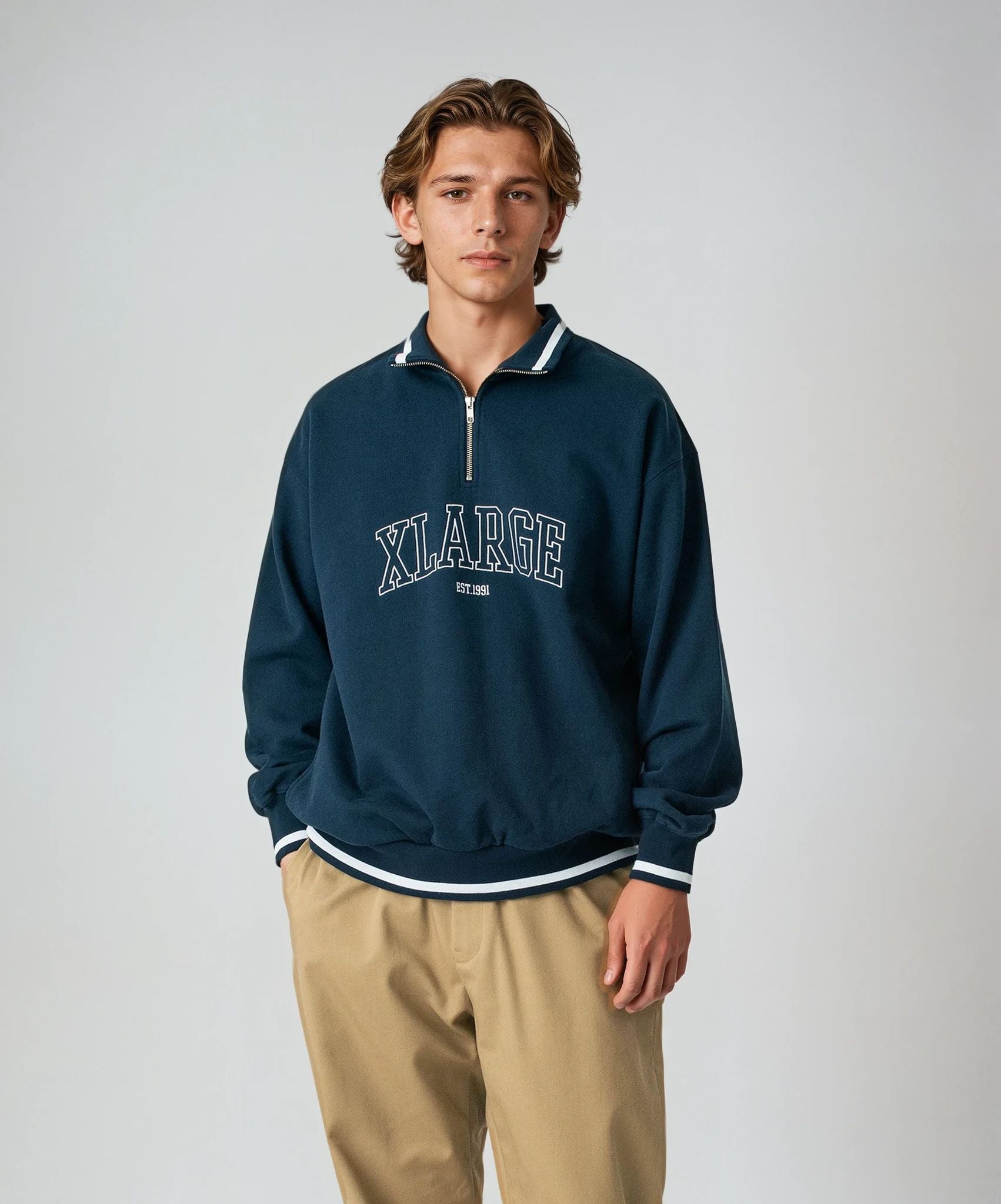 X-Large Striped Rib Half Zip felpa mezza zip cotone