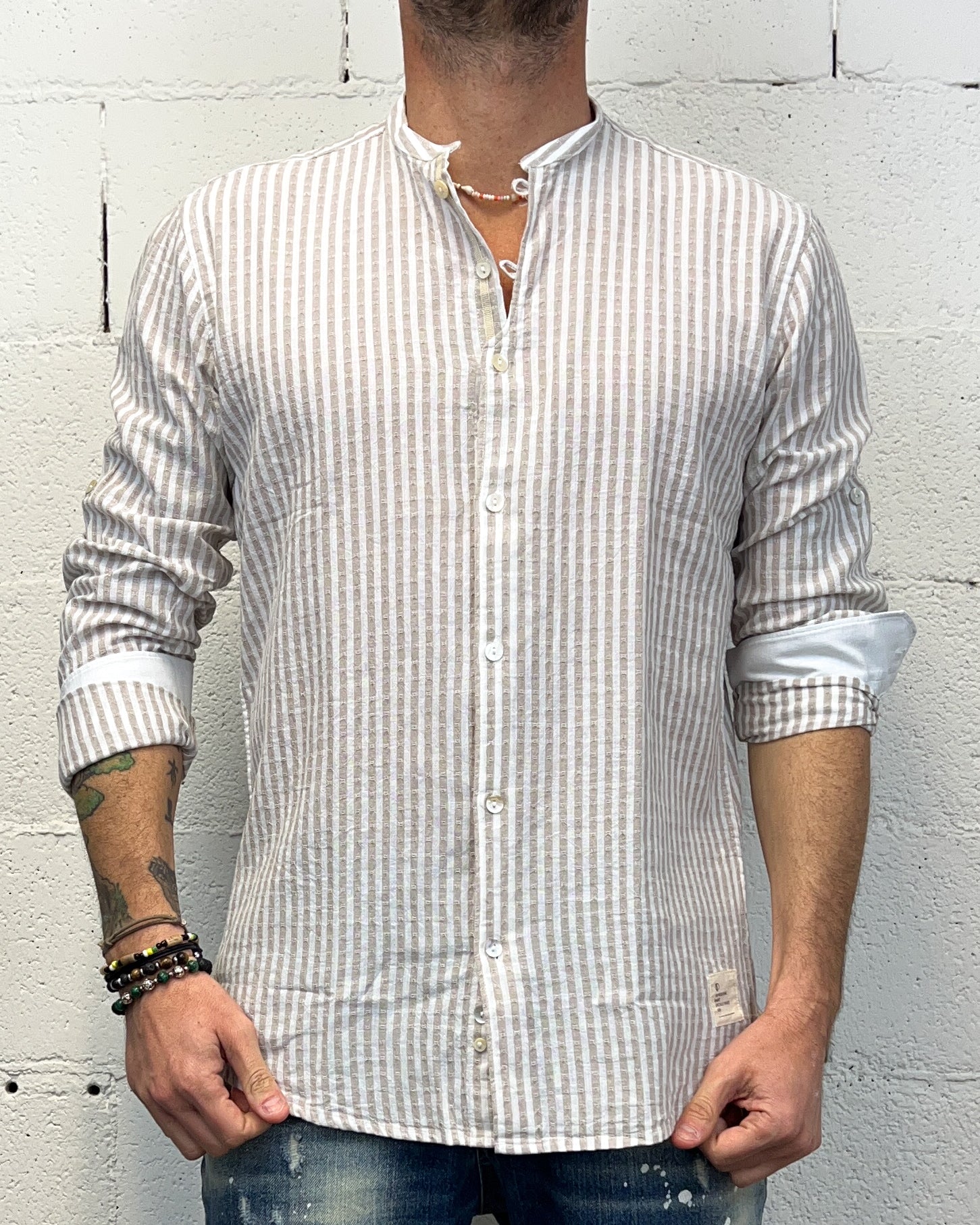 ONLYONE Over-D Coreana camicia cotone lino riga beige
