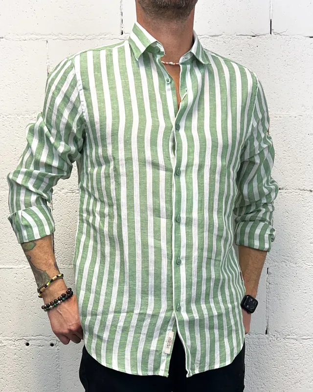 GIANNI LUPO Green Camicia Lino Rigata Vestibilità Regolare