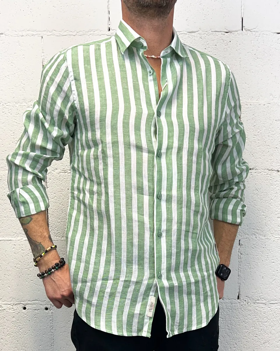 GIANNI LUPO Green Camicia Lino Rigata Vestibilità Regolare