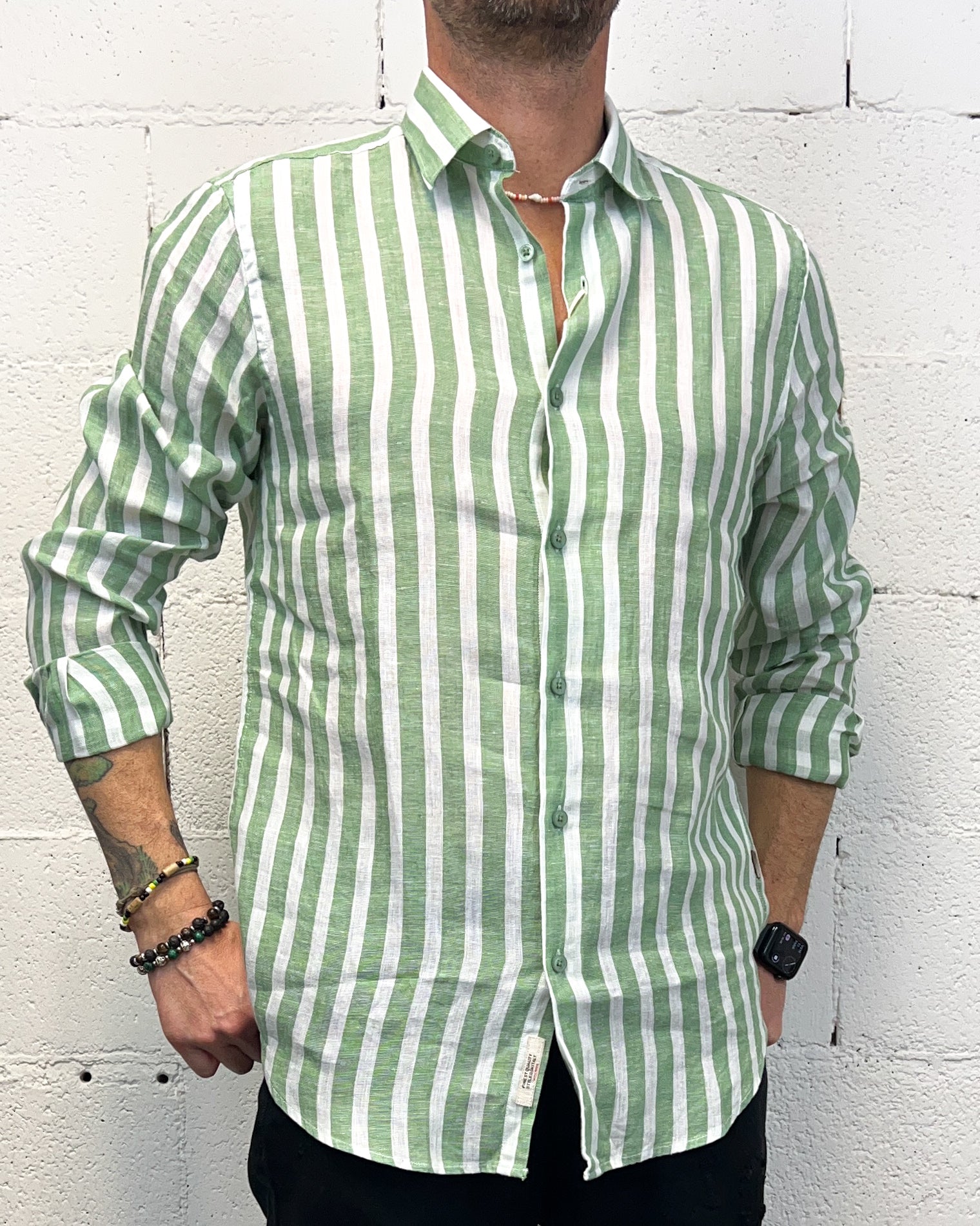 GIANNI LUPO Green Camicia Lino Rigata Vestibilità Regolare