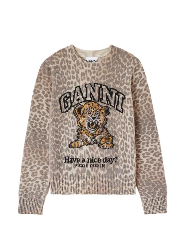 Ganni A1150012 felpa beige leopardata maniche lunghe