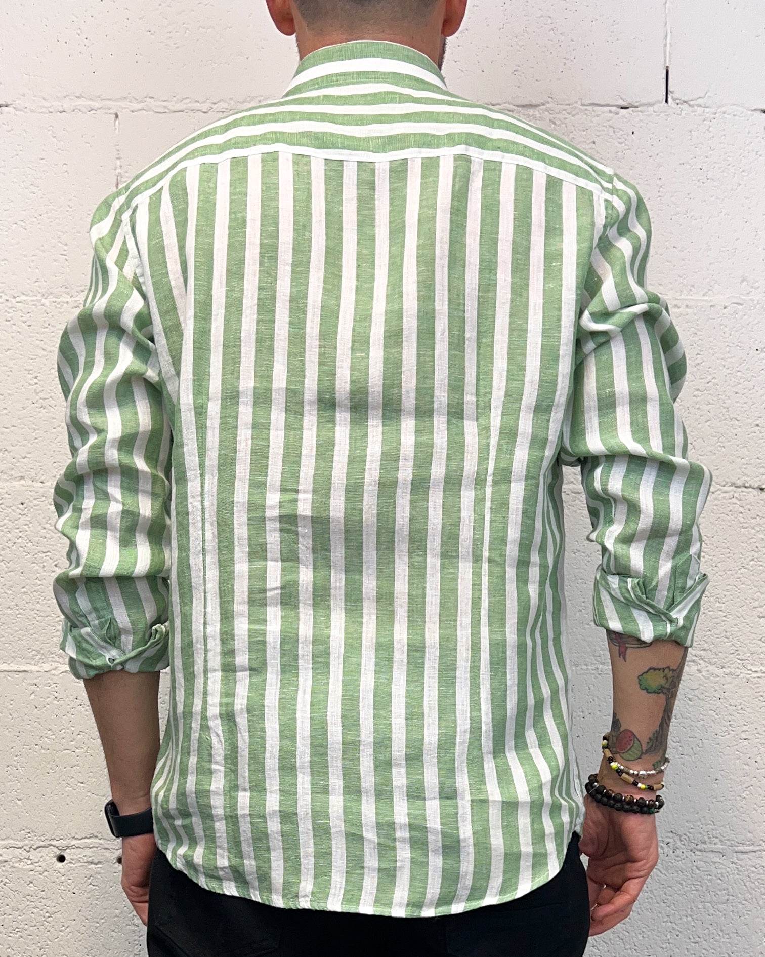 GIANNI LUPO Green Camicia Lino Rigata Vestibilità Regolare